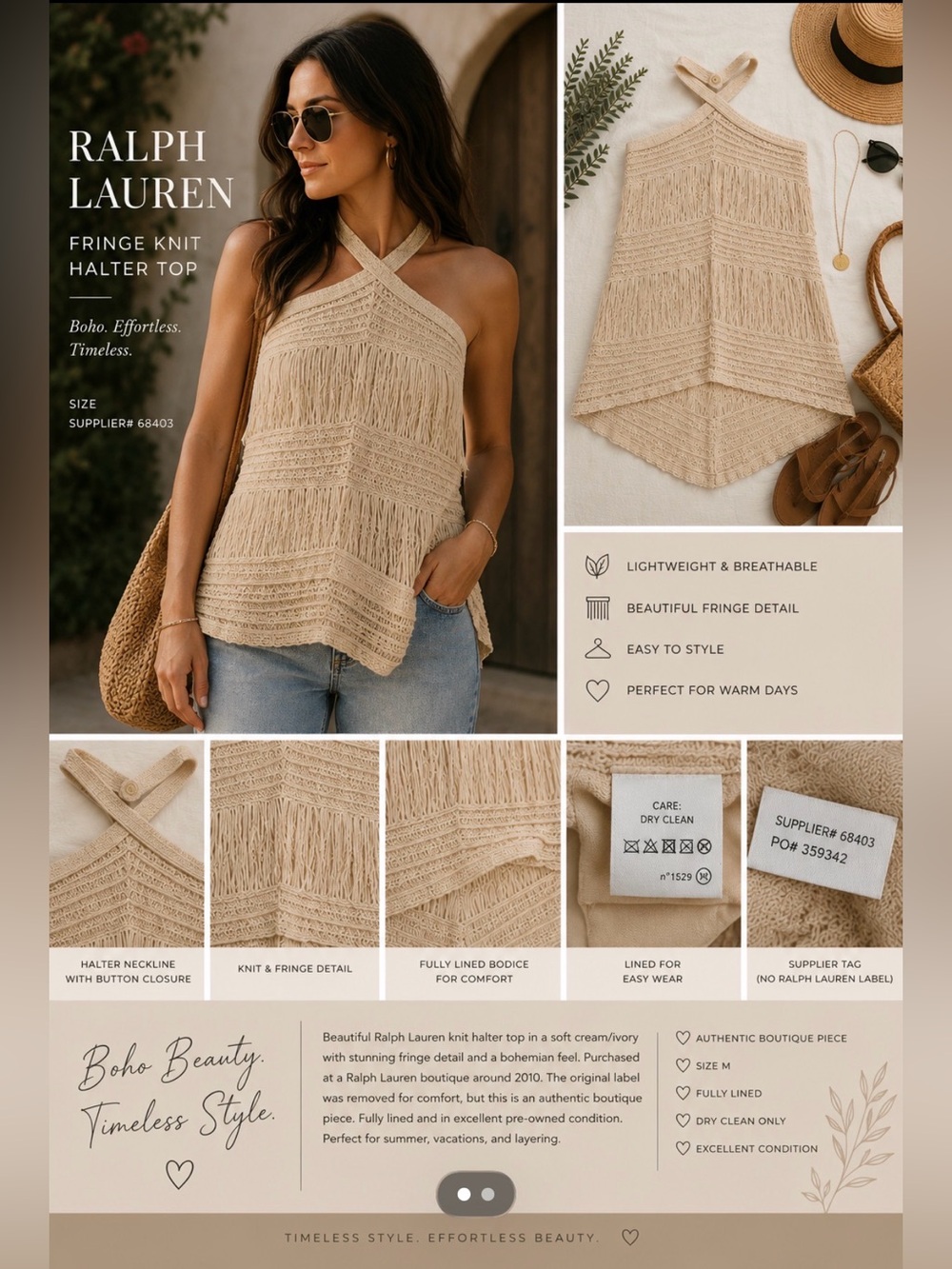 Ralph Lauren Fringe Knit Halter Top | Boho Crochet | Cream | Size M